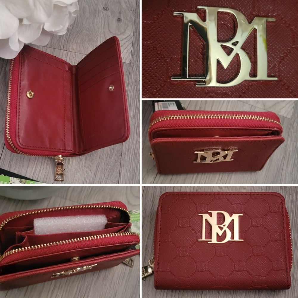 Badgley Mischka Vegan Faux Leather Red Wine Quilted Pattern Zipper Wallet, 5x3.5